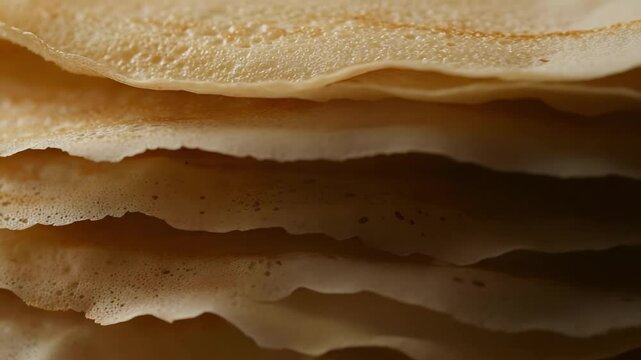 Thin, delicate layers of crepes stacked on top of each other, showcasing their light texture and slight browning.