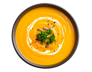 Creamy Pumpkin Soup with Herbs and Seeds in Rustic Ceramic Bowl Isolated on Transparent Background PNG