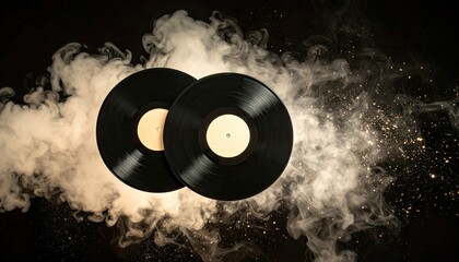 Obraz premium Two Black Vinyl Records with Yellow Labels Floating in a Smoky Background