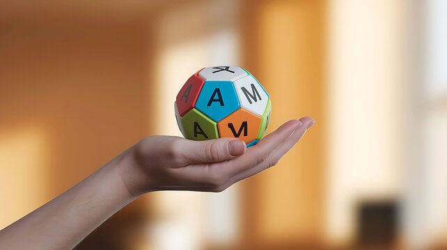 Hand holding colorful alphabet puzzle ball letters - Powered by Adobe