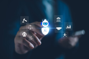 AI technology in business E-commerce concept, Businessman using AI chatbot smart assistant on tablet about startup trends online shopping, sales analytics, digital transformation.