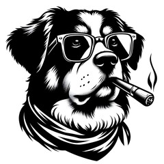 A striking black and white illustration of a dog's head, likely a Bernese Mountain Dog or a similar large, fluffy breed, depicted in a cool and somewhat rebellious manner.