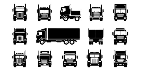 Set of Black Silhouette Lorry and Truck Icons, Commercial Transportation Vector Graphics: Lorry and Truck Designs, Heavy Duty Vehicle Silhouettes for Logistics and Delivery Concepts.