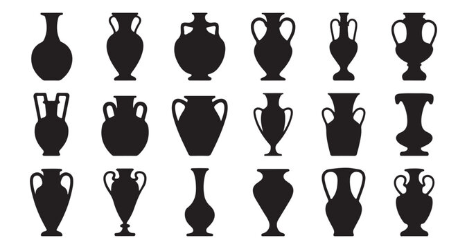 Vector set  silhouettes of ancient amphorae and vases. Greece icon collection. Classic Vase Silhouettes set of black silhouette vases, in various styles, Isolated illustration on white background