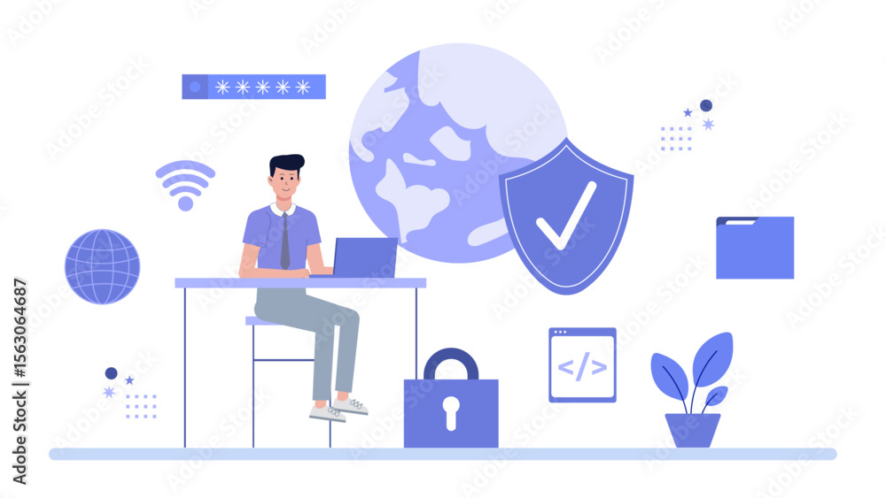 Poster man ensuring global online data security. suitable for cybersecurity, internet protection, technolog