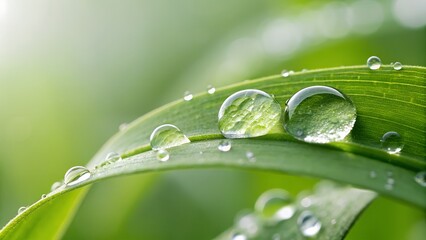 Macro shot of water drops on bright green leaf  minimalistic, abstract nature.high quality background
