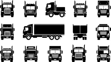 Set of Black Silhouette Lorry and Truck Icons, Commercial Transportation Vector Graphics: Lorry and Truck Designs, Heavy Duty Vehicle Silhouettes for Logistics and Delivery Concepts.