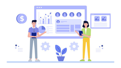 Two colleagues studying business data on a computer. Suitable for presentations, corporate websites, company reports, and business-related designs.