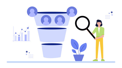 Sales funnel analysis with a magnifying glass for digital marketing, strategic planning, business analytics, market research presentations, and consulting services.