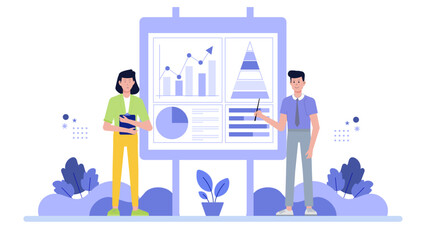 Two business professionals presenting data on a large board. Suitable for presentations, financial reports, business analysis, teamwork concepts.