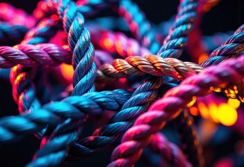 Colorful intertwined ropes illuminated with vibrant neon lights creating a dynamic pattern