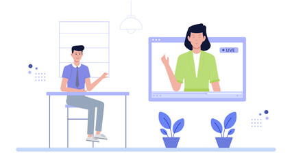 Man video conferencing with a woman. Suitable for business websites, remote meeting blogs, communication concepts, and virtual collaboration designs.
