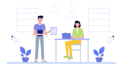 Two coworkers sharing project data in a modern office setting. Suitable for business presentations, teamwork concepts, corporate marketing materials.