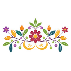 Colorful floral design with symmetrical arrangement of flowers leaves and decorative swirls element art