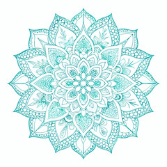 Intricate teal mandala with floral and geometric patterns on a white background design element art