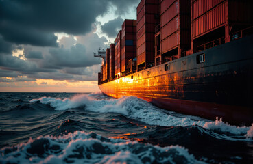 Cargo ship sailing through rough ocean waters during sunset with dramatic clouds
