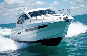 Fototapeta premium Motor yacht speeding across ocean water with white foam and blue sky in background