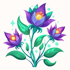Illustration of three stylized purple flowers with yellow centers and green leaves and stems art