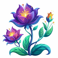 Illustration of two purple and pink fantasy flowers with yellow centers and green leaves on white background