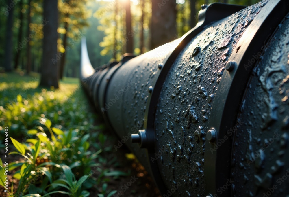 Poster close-up of a large pipeline with water droplets in a forest setting during sunlight