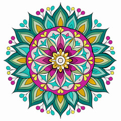 Colorful mandala with floral and petal patterns in shades of pink, teal, and green on a white background