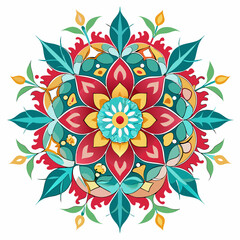 A vibrant floral mandala with red, teal, and yellow petals and leaves arranged symmetrically around center