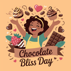 Happy Girl Celebrating Chocolate Bliss Day Cute Dessert Party Illustration