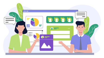 Two people presenting business data charts. Suitable for business presentations, marketing materials, financial reports, and corporate websites.