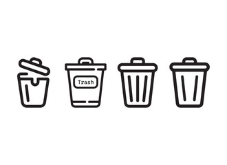 Collection of four trash can icons with different designs isolated on white background