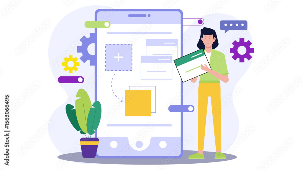 Poster woman designing a mobile app interface with elements. suitable for technology, app development, ui/u