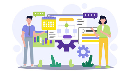 Two people showcase project management charts. Suitable for business presentations, reports, corporate training materials, or website illustrations.
