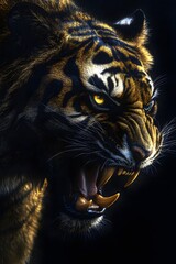 Roaring tiger portrait in dramatic light