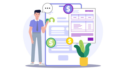 Man reviewing an online invoice, suitable for accounting, financial management, online transaction, business expenses, digital document verification concepts.