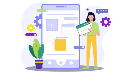 Woman designing a mobile app interface with elements. Suitable for technology, app development, UI/UX design, digital innovation concepts.