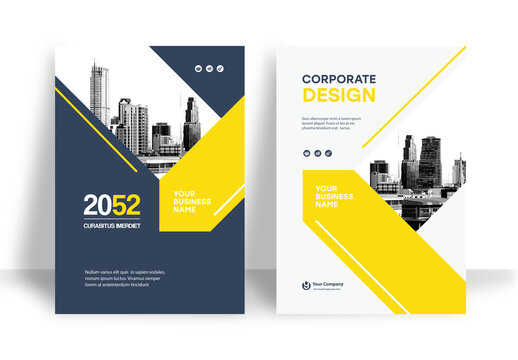 Business Report Cover Template &ndash;  Yellow and Blue Geometric Layout (A4)	
