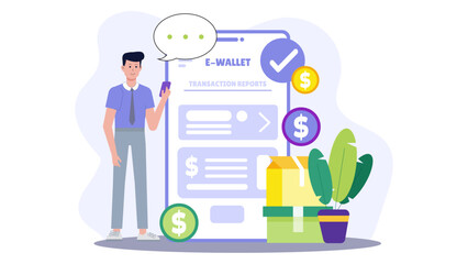 Man using an e-wallet app for transaction reports. Suitable for financial technology websites, mobile app demos, and business-related articles.