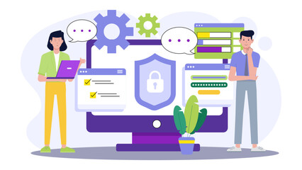 Online security with people and a computer. Suitable for cybersecurity concepts, data protection, internet safety, technology blogs, and web security infographics. Phone and teamwork.