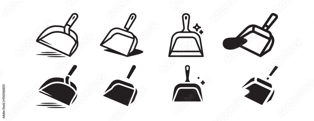Poster collection of dustpan icons showing different actions and styles isolated on white background