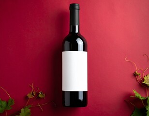 Wine Bottle Mockup with Blank Label on Dark Red Background
