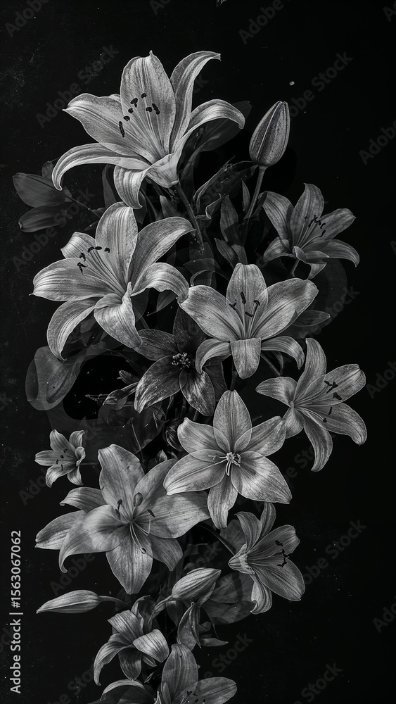 Poster grayscale image showcasing a cascade of lilies against a dark background with intricate details