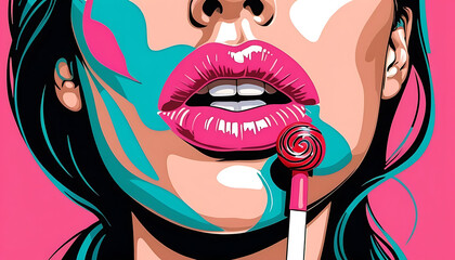 Pop Art Woman with Lollipop and Bold Makeup