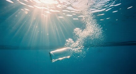 Fototapeta premium A glass bottle sinking underwater in a swimming pool, creating bubbles in the sunlight. 