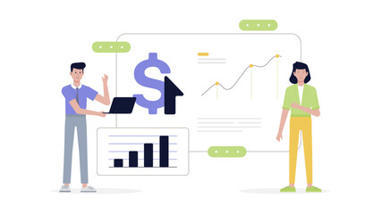 People symbolizing financial growth, with charts and data visuals. Suitable for websites, presentations, and financial reports.
