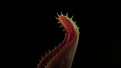 Close up of a red venus flytrap with green spikes against a dark black solid color background
