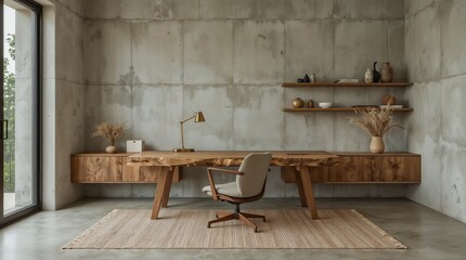 Wabi-sabi home office with live edge wooden desk and concrete wall backdrop