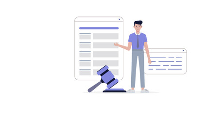 Man explaining online legal forms and a gavel. Suitable for legal consultation services, online legal platforms, law firms, and virtual courtrooms.