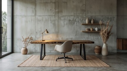 Minimalist wabi-sabi office space with natural wood desk and concrete wall design