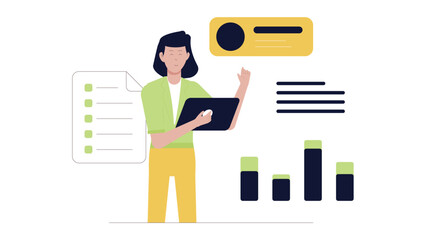 Woman presenting data using a tablet, suitable for technology presentations, business reports, digital marketing content, online analytics articles.