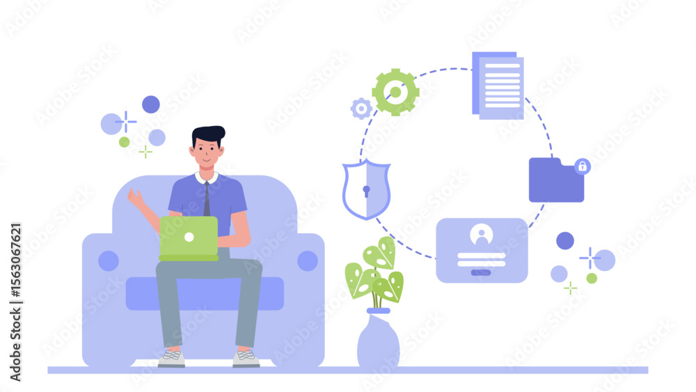 Poster man on couch using laptop for secure data. suitable for online security, internet data protection, r