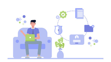 Man on couch using laptop for secure data. Suitable for online security, internet data protection, remote work, and digital privacy concepts.